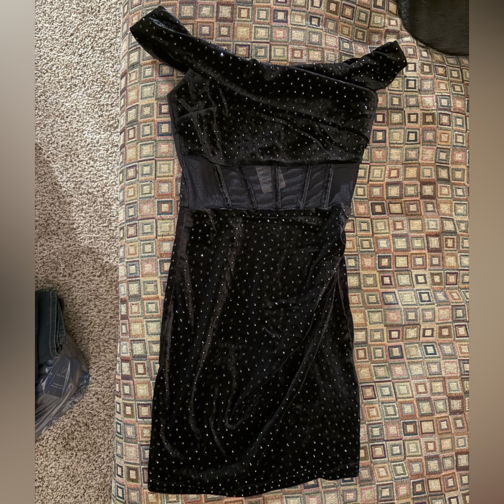 Windsor Off-Shoulder Black Mini Dress with Silver Accents